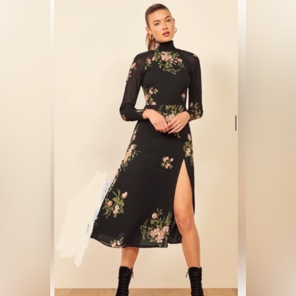 Reformation Floral Black Long Sleeve Mock Neck Dress - Picture 2 of 4